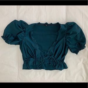 UO: Open Neckline Turquoise Top W/ Puffed sleeves